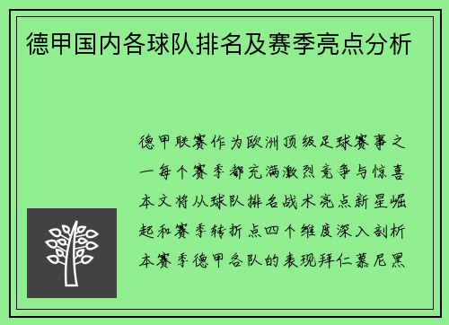 德甲国内各球队排名及赛季亮点分析